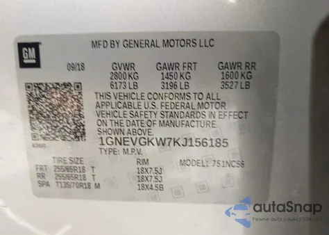 2019 Chevrolet Traverse 1Lt из США, поврежденный, VIN 1GNEVGKW7KJ156185